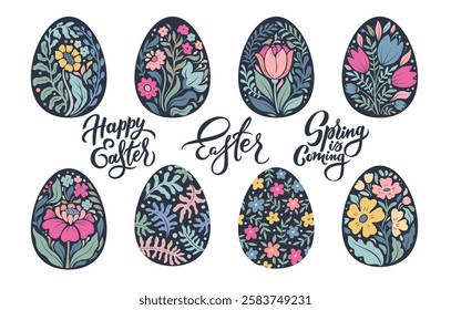 Vector set of Easter eggs with floral patterns in beautiful colors with hand lettering