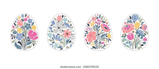 Vector set of Easter eggs with floral patterns in beautiful pastel colors