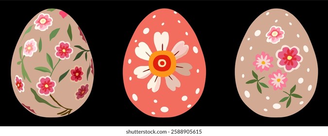 Vector set of easter eggs with floral pattern
from spring colored flowers.
Fashion ornament for fabric, paper, textiles, 
notepad, clothing, card, packaging.
Bright design of happy easter celebration.