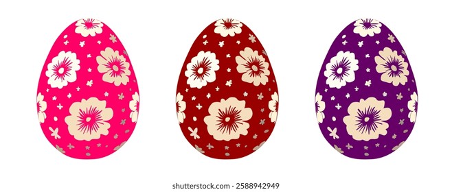 Vector set of easter eggs with floral pattern
from spring white chamomile flowers.
Fashion pattern for fabric, paper, textiles, 
notepad, clothing, card, packaging.
Design of happy easter celebration.