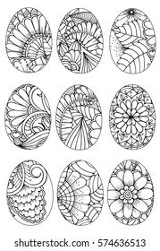 Vector set of easter eggs with flower pattern for art therapy coloring book.