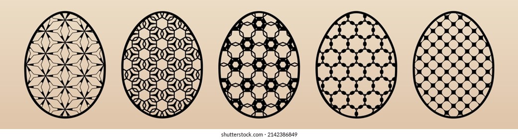 Vector set of Easter eggs. Laser cut template with ornamental egg shapes, abstract geometric pattern, delicate grid, mesh, lattice. Decorative stencil for laser cutting of wood, metal, paper, plastic
