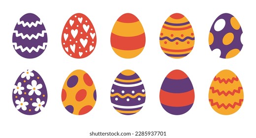 Vector set of easter eggs in purple, orange and red colors. Easter collection in flat design. Egg hunt.