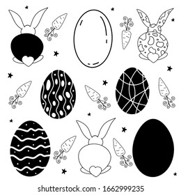 Vector set of easter eggs, rabbits, hares, bunnies, carrots. For illustrations, cards, invitations, clothes, greetings, etc.
