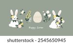 Vector set of easter elements with bunny, flowers, eggs. Easter chicken on the lawn.