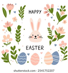 Vector set of easter elements with bunny, flowers, eggs. Easter chicken on the lawn.