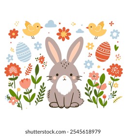 Vector set of easter elements with bunny, flowers, eggs. Easter chicken on the lawn.