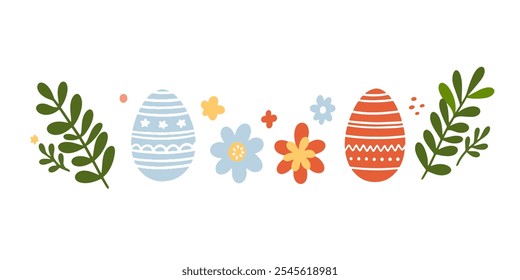 Vector set of easter elements with bunny, flowers, eggs. Easter chicken on the lawn.