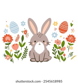 Conjunto vetorial de elementos de páscoa com coelho, flores, ovos. Frango de Páscoa no gramado.