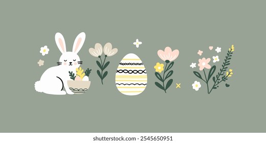 Vector set of easter elements with bunny, flowers, eggs. Easter chicken on the lawn.