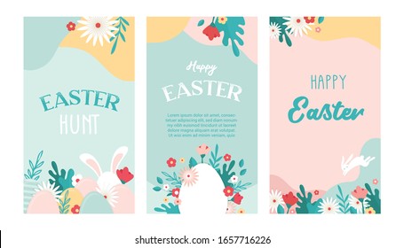 Vector set of Easter floral backgrounds with copy space for text - banners, posters, cover design templates, social media stories wallpapers and greeting cards. Vector design