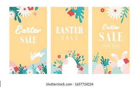 Vector set of Easter floral backgrounds. Easter sale banners, posters, cover design templates, social media stories and wallpapers. Vector illustration design