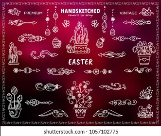 Vector set of Easter and flowers theme elements. Arrows, tiny illustrations, corners in ornate vintage style. Hand drawn cutie elements consist from tiny Eastern eggs, leaves, flower compositions