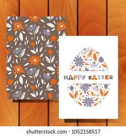 Vector set of Easter greeting cards and  pattern on wood background. Flowers, eggs, butterflys and holiday lettering. Elegant spring design for holiday decorations.