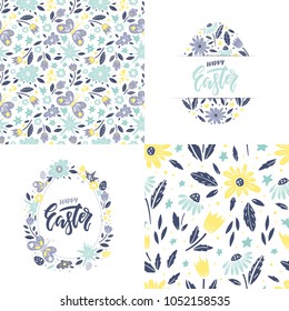 Vector set of Easter greeting cards and seamless pattern. Flowers, eggs, butterflys and holiday lettering. Elegant spring design for holiday decorations.