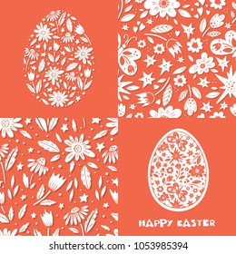 Vector set of Easter greeting cards and seamless pattern. Flowers, eggs, butterflys and holiday lettering. Elegant spring design for holiday decorations.