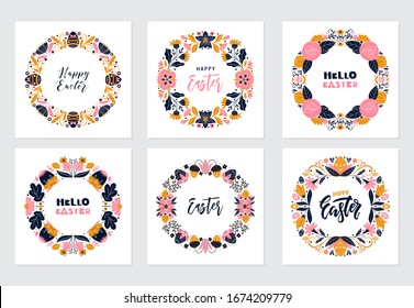 Vector set of  Easter greeting cards with  floral wreath  and lettering. Perfect for holiday greetings, prints, placards