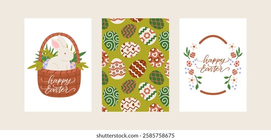 Vector set of Easter greeting cards. Bunny in basket with eggs, easter wreath, egg pattern. Holiday banners in flat style