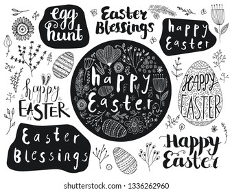 Vector set of Easter hand drawn lettering, eggs, doodle flowers. Black and white, isolated. Egg hunt, happy Easter, Blessings