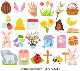 Vector set of Easter holiday, spring season in cute colorful theme. Collection of animal, flower, food icons in pastel color on white background.