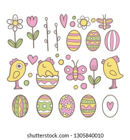 Vector set of easter icons in childish style. Primroses, chics, butterflies, Easter eggs and other elements