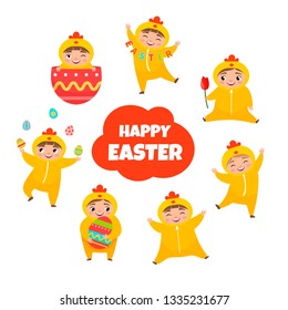 Vector set for Easter. Illustrations of cute kids in chicken costume. Set of templates for cards and posters for the holiday.
