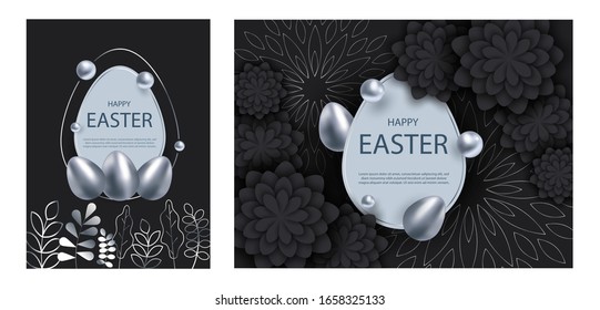 Vector set Easter illustrations of silver and black abstract texture. Minimalistic black backgrounds. Black paper flowers. Silver peacock feathers on a black background. Easter abstraction. Vector
