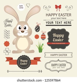 Vector set of easter ornaments and decorative elements, vintage banner, ribbon, labels, frames, badge, stickers. Vector easter element  with retro vintage styled design. Vintage easter bunny