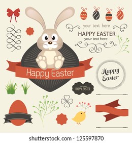 Vector set of easter ornaments and decorative elements, vintage banner, ribbon, labels, frames, badge, stickers. Vector easter element  with retro vintage styled design. Vintage easter bunny