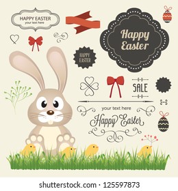 Vector set of easter ornaments and decorative elements, vintage banner, ribbon, labels, frames, badge, stickers. Vector easter element  with retro vintage styled design. Vintage easter bunny