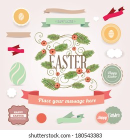 Vector set of Easter ornaments and decorative elements, vintage banner, ribbon, labels, frames, badge, stickers. Vector Easter element with retro vintage styled design. 