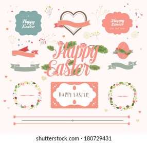 Vector set of easter ornaments and decorative elements, vintage banner, ribbon, labels, frames, badge, stickers. Vector easter element with retro vintage styled design. 