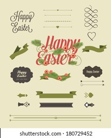 Vector set of easter ornaments and decorative elements, vintage banner, ribbon, labels, frames, badge, stickers. Vector easter element with retro vintage styled design. 