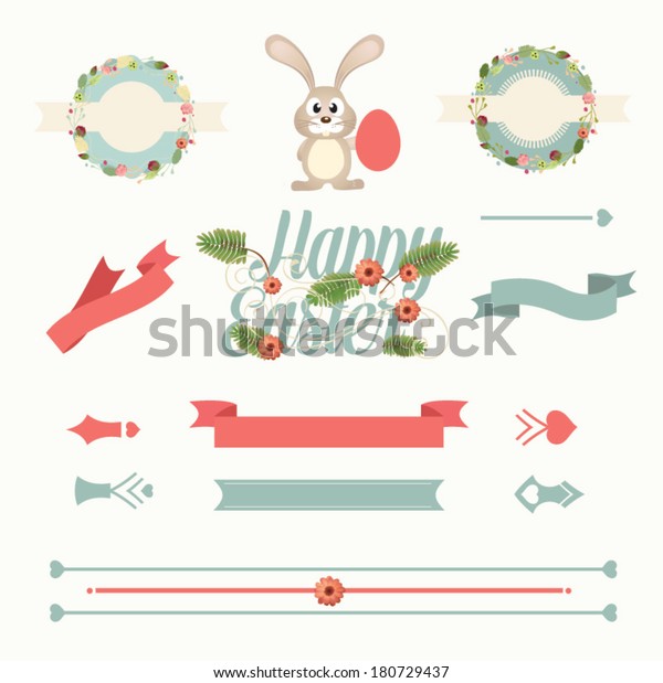 Vector set of easter\
ornaments and decorative elements, vintage banner, ribbon, labels,\
frames, badge, stickers. Vector easter element with retro vintage\
styled design. 