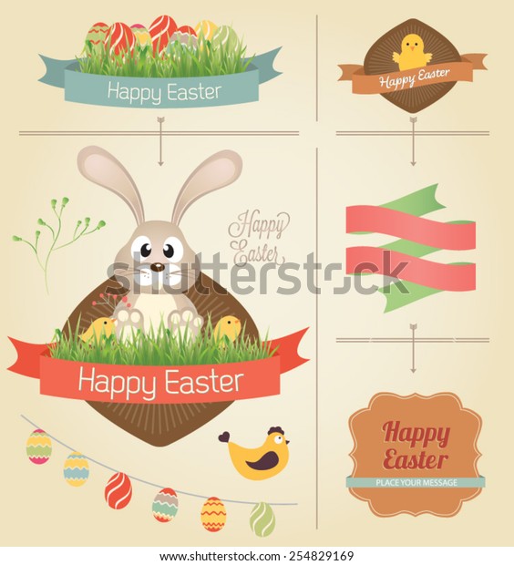 Vector\
set of Easter ornaments and decorative elements, vintage banner,\
ribbon, labels, frames, badge, stickers. Vector Easter element with\
retro vintage styled design. Vintage Easter\
bunny