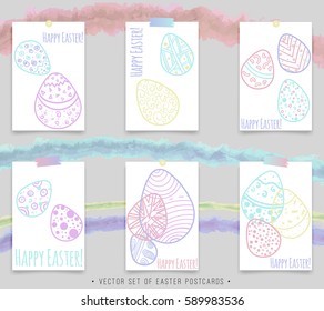  Vector set of Easter postcards with coloured eggs. Creative postcards on beautiful background.