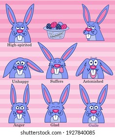 Vector set of easter rabbit with different emotions. Map of emotions