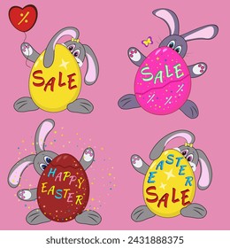 Vector set of Easter Rabbit with Egg where is it written Sale. For Easrer, holiday store sales