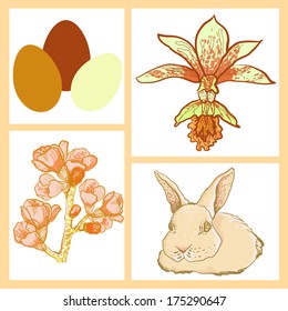vector set of Easter rabbit, eggs, spring flowers and orchid