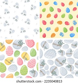 Vector set of Easter seamless patterns. Patterns with Easter eggs. Monochrome and bright patterns. 