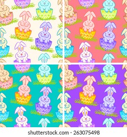 Vector set Easter seamless patterns with rabbits