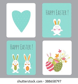 Vector set of Easter small cards with funny bunnies and flowers. Colorful spring printable templates. For Easter greeting cards, invitations, gifts decoration, sales design, scrapbooking and notes. 