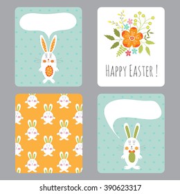 Vector set of Easter small cards with funny bunnies and flowers. Colorful spring printable templates. For Easter greeting cards, invitations, gifts decoration, sales design, scrapbooking and notes. 