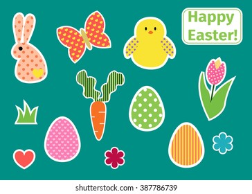 Vector set of Easter stickers. Bright images of rabbit, eggs and butterfly