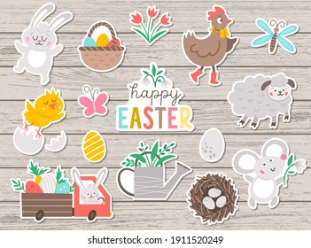 Juego de vectores de stickers de Pascua. Colección de personajes y objetos bonitos con el concepto de primavera. Conejo, animales divertidos, huevos y pájaros sobre fondo de madera. Paquete de parches para fiestas religiosas
