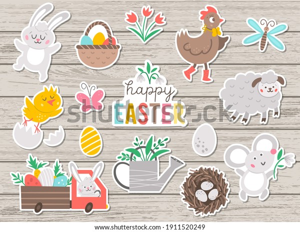 Vector set\
of Easter stickers. Collection of cute characters and objects with\
Spring concept. Bunny, funny animals, eggs and birds on wooden\
background. Religious holiday patches\
pack\
