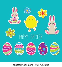 Vector set of Easter stickers: eggs, rabbit, flowers. Cute cartoon 
illustrations.