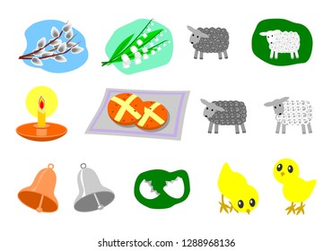 Vector. Set of Easter symbols: willow, Lily of the valley, Easter lamb, candle, Easter buns, bells, eggshell, chickens