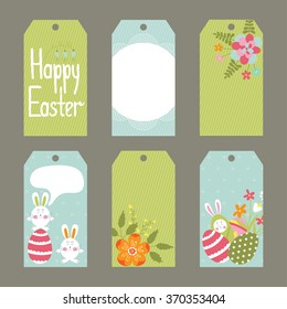 Vector set of Easter tags with funny bunnies and flowers. Spring label cards with a place for text. For Easter greeting cards, invitations, gifts decoration, sales design, scrapbooking and other.