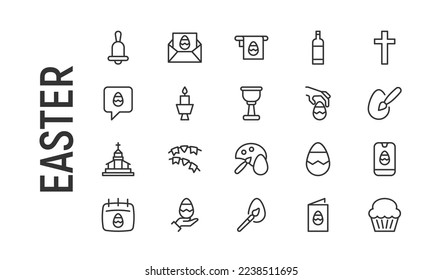 Vector set of easter thin line icons. Design of 20 stroke pictograms. Signs of easter isolated on a white background.